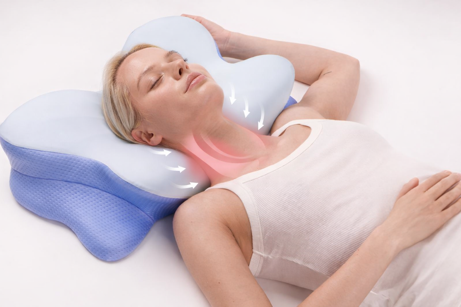 Derila Ergo Pillow ergonomic pillow used to demonstrate proper neck support during sleep